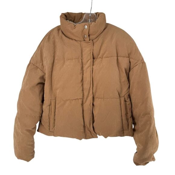 Cropped Puffer Jacket Brown Ci Sono Sherpa Lined Size S Plush Quilted Full Zip - Picture 1 of 11